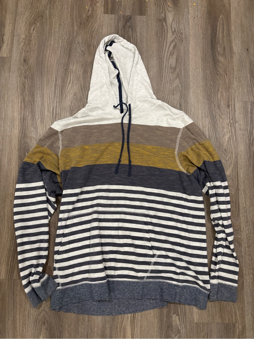 Univibe Hooded Stripe Pullover in White and Navy with Mustard Accents